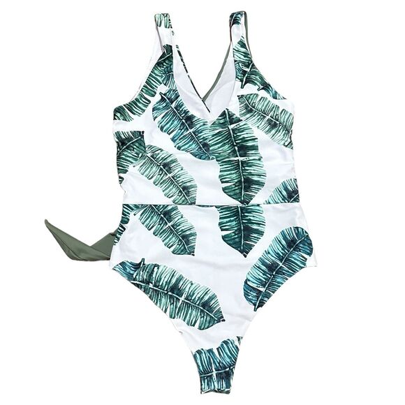 SweatyRocks Tropical Leaf One Piece Swimsuit Size M Wrap Front Tie Waist Resort - Picture 4 of 7